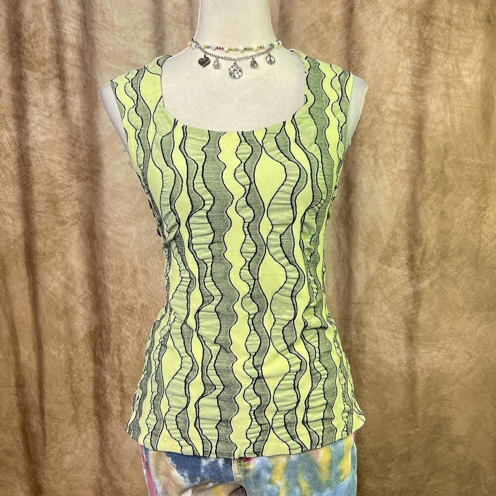 Vintage Geometric Top Wavy Patterned 90s Textured Sleeveless Green Cybercore